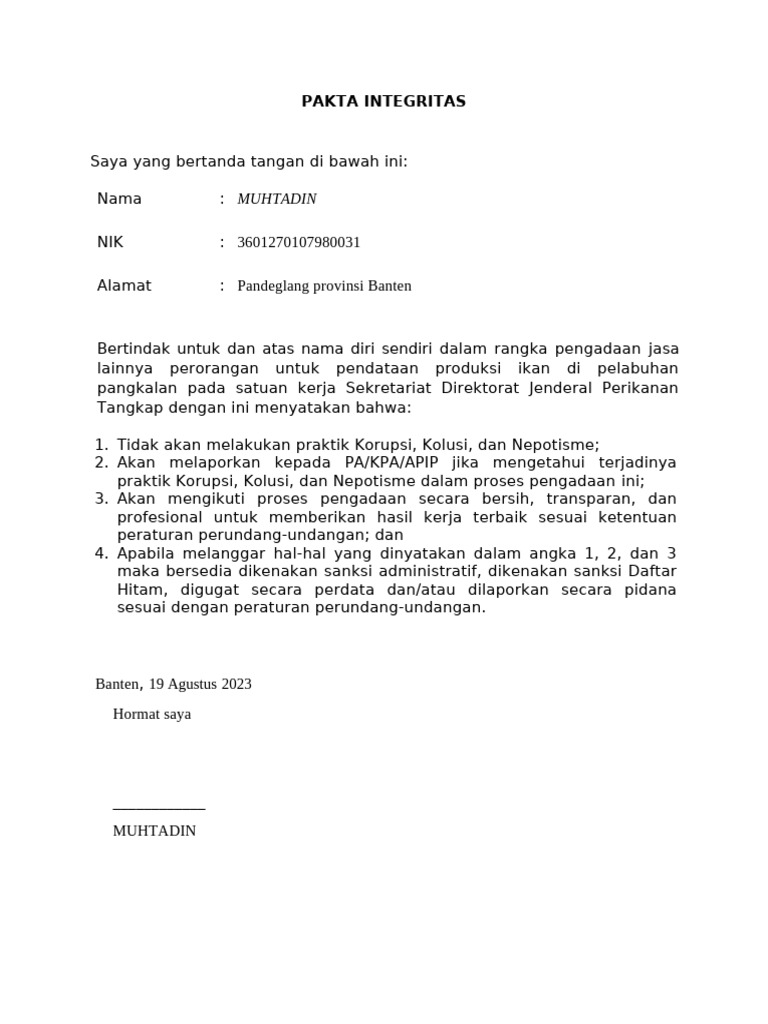 Format Pakta Integritas Final | PDF