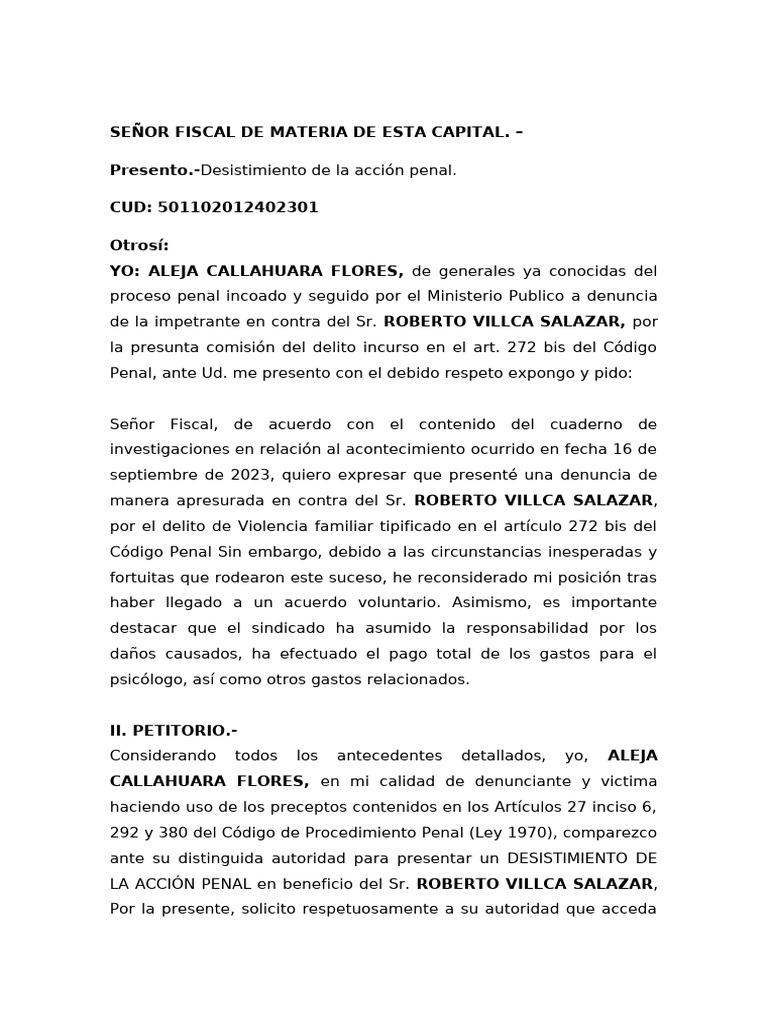 Desistimiento de Acción Penal por Violencia Familiar | PDF | Justicia ...