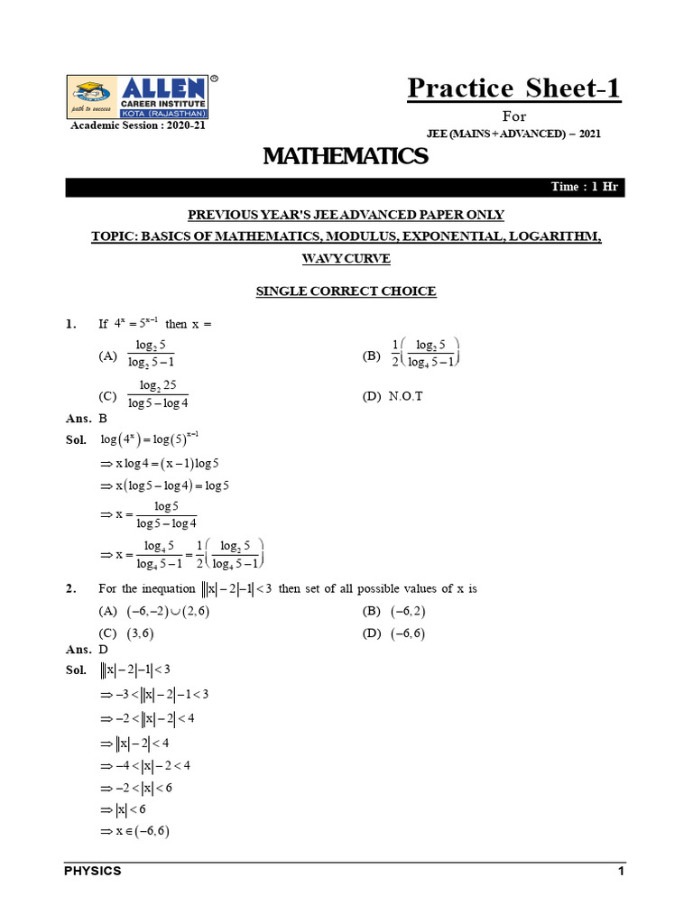 FC - Practice Sheet - 01 - Mathematics | PDF | Mathematical Concepts ...