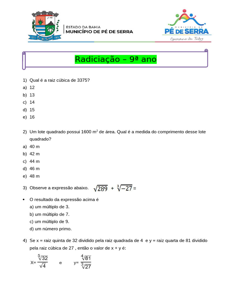 Questões de Radiciação - 9º Ano | PDF