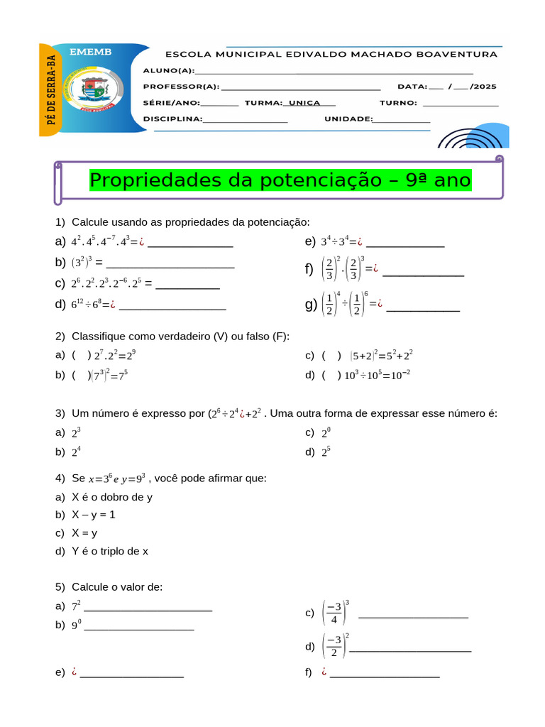 Exercícios de Potenciação para 9º Ano | PDF | Matemática