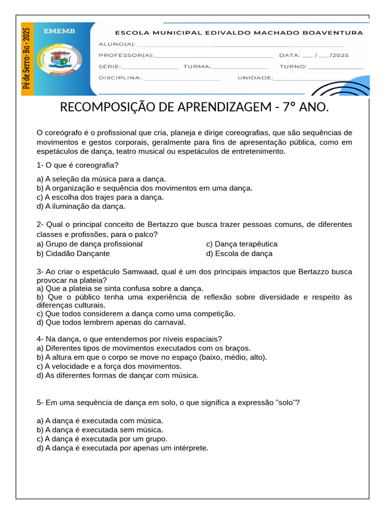 7º ano RECOMPOSIÇÃO DE APRENDIZAGEM | PDF | Danças | Balé