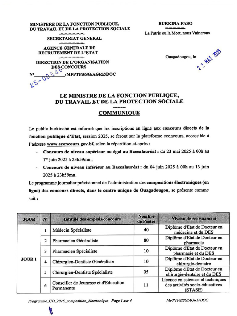 Programme Journalier Des épreuves écrites Concours Directs 2025 75 91