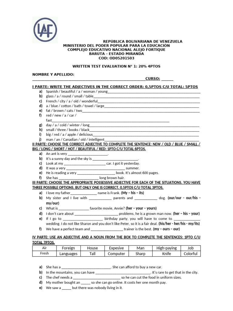 Primera Evaluacion 4to Año Inglés | PDF | Syntax | Linguistic Morphology