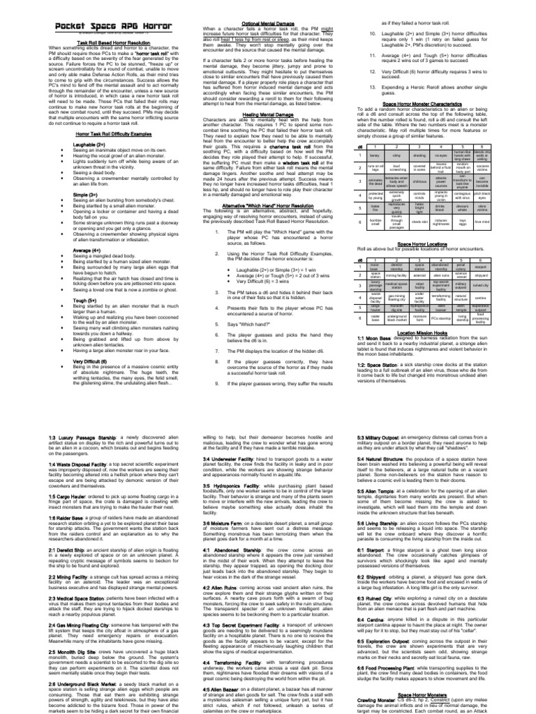 Horror Task Rolls in Space RPG | PDF