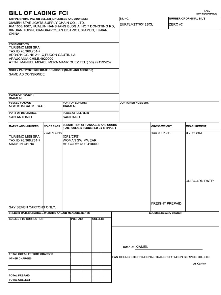 Bill of Lading FCI: Copy Non-Negotiable | PDF | Cargo | Water Transport