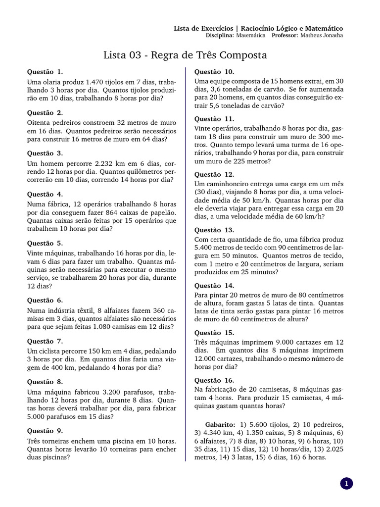 Exercícios de Regra de Três Composta | PDF
