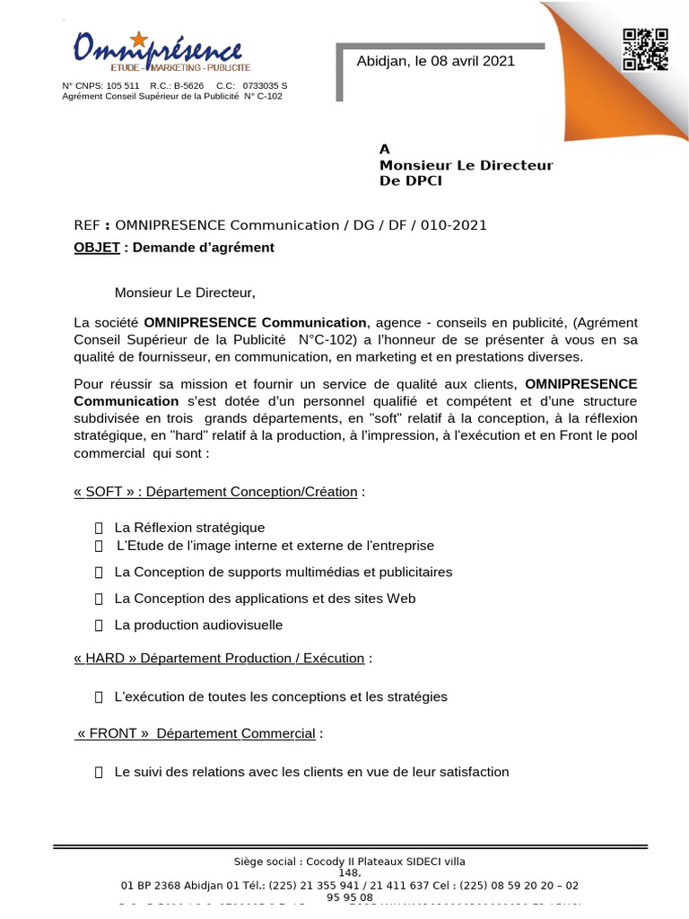 Demande d'agrément DPCI Abidjan | PDF | Communications en marketing et ...