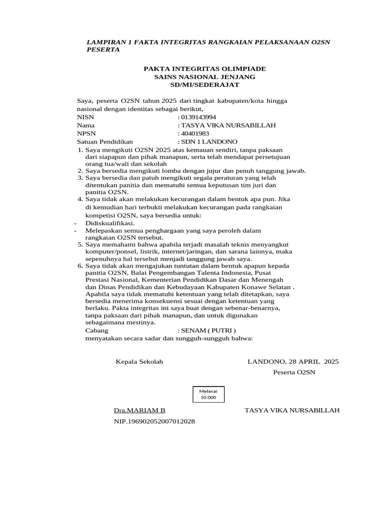 Pakta Integritas O2SN 2025 SD/MI | PDF