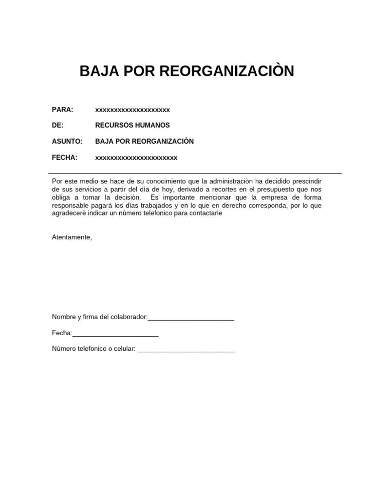 Notificación de Baja Laboral por Reorganización | PDF