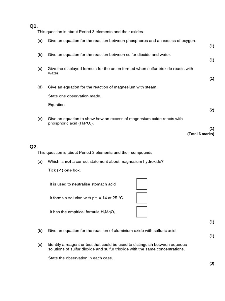 Period 3 Oxides PPQs STUDENT | PDF | Oxide | Chemical Reactions