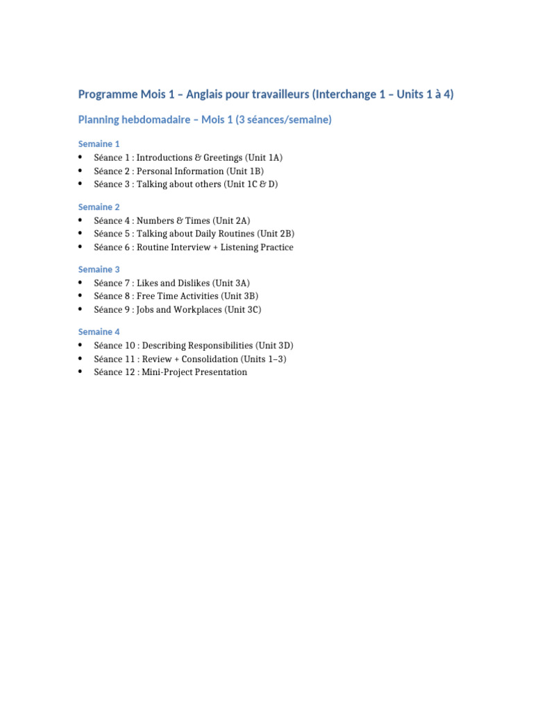 Programme Anglais Mois 1 pour Adultes | PDF | Langues | Études des ...