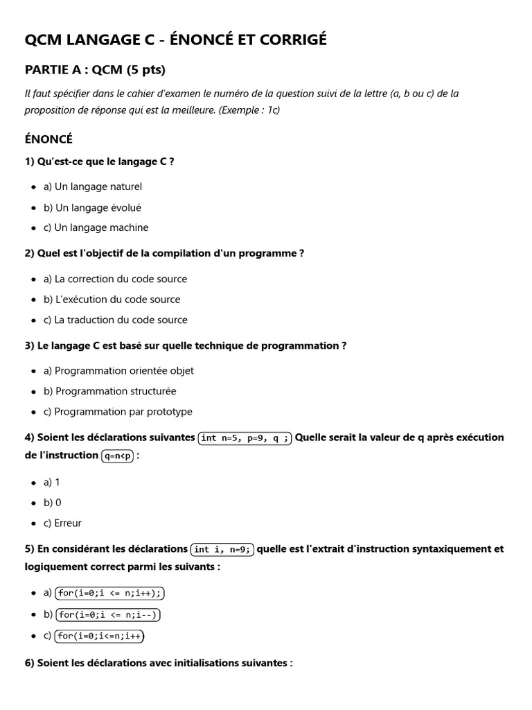 QCM Langage C : Énoncé et Corrigé | PDF | C (Langage de programmation ...