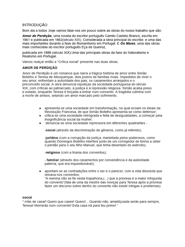 Crítica Social em Amor de Perdição e Os Maias | PDF