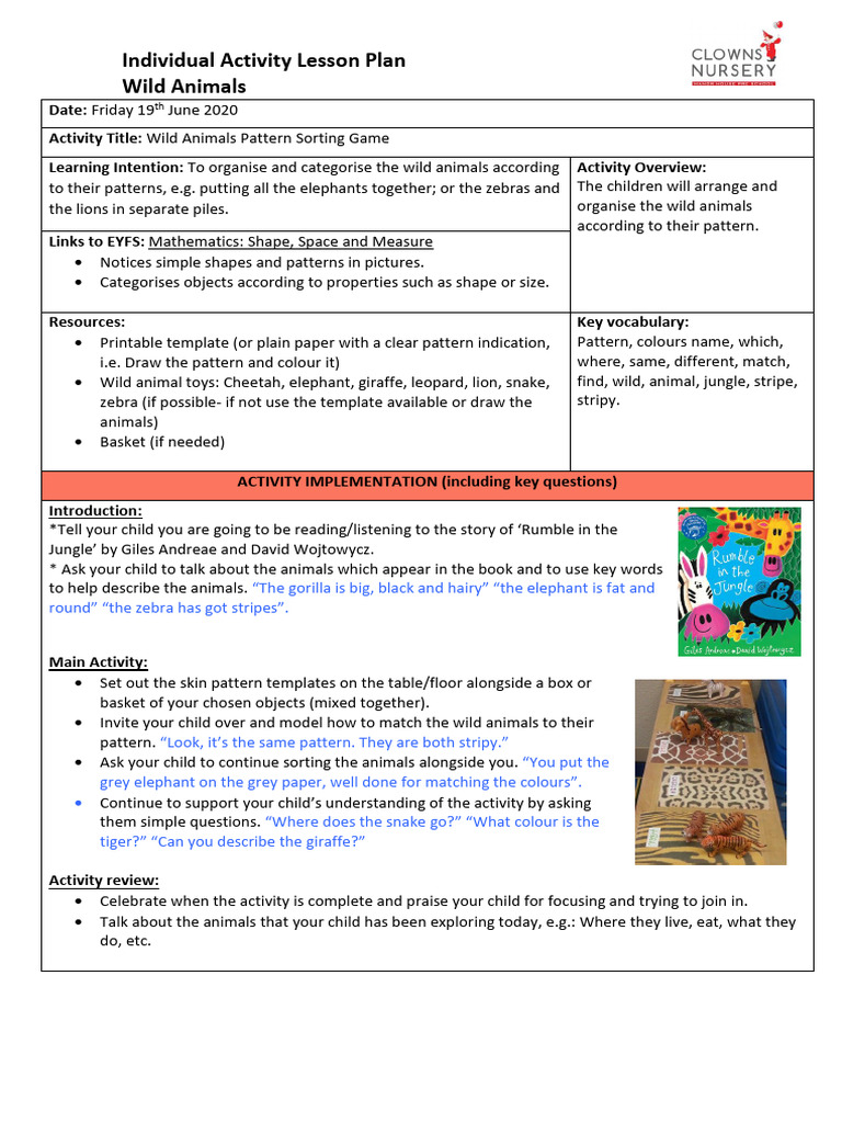 Wild Animals Pattern Sorting Activity | PDF