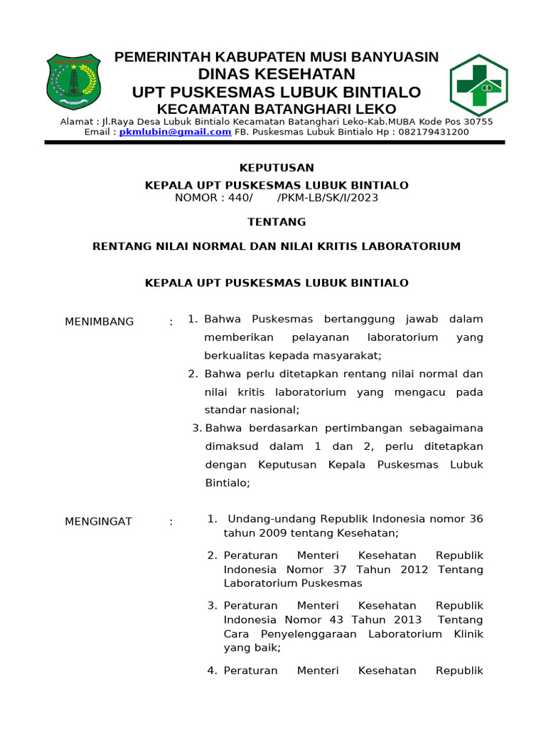 3.9.1.a SK RENTANG NILAI NORMAL DAN NILAI KRITIS LABORATORIUM | PDF