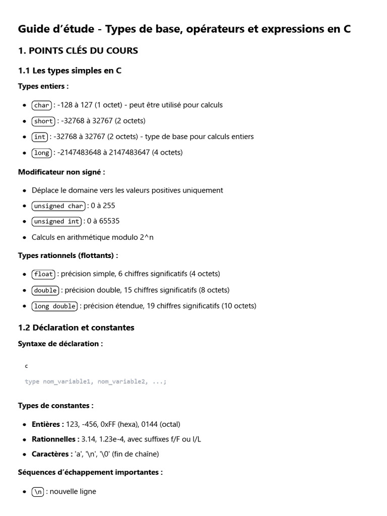 Types et Opérateurs en C : Guide Complet | PDF | Mathématiques ...