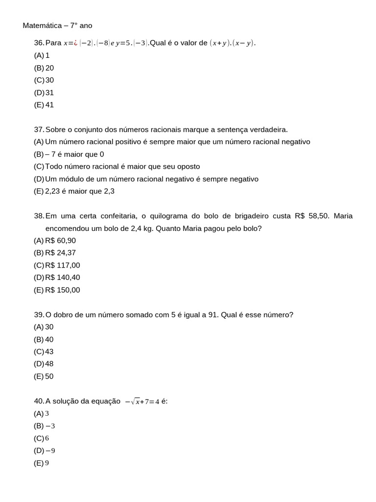Simulado de Matemática - 7° Ano com Gabarito | PDF