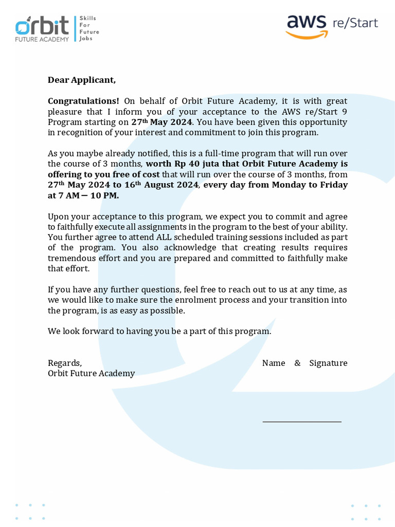 Acceptance to AWS re/Start 9 Program | PDF