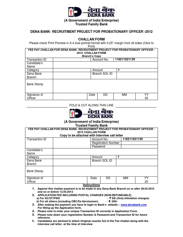 Dena Bank Challan Po Fee Banks