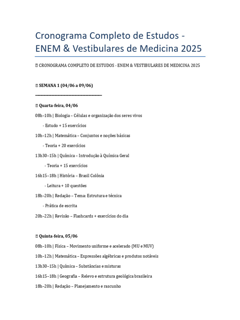 Cronograma ENEM Medicina 2025 | PDF