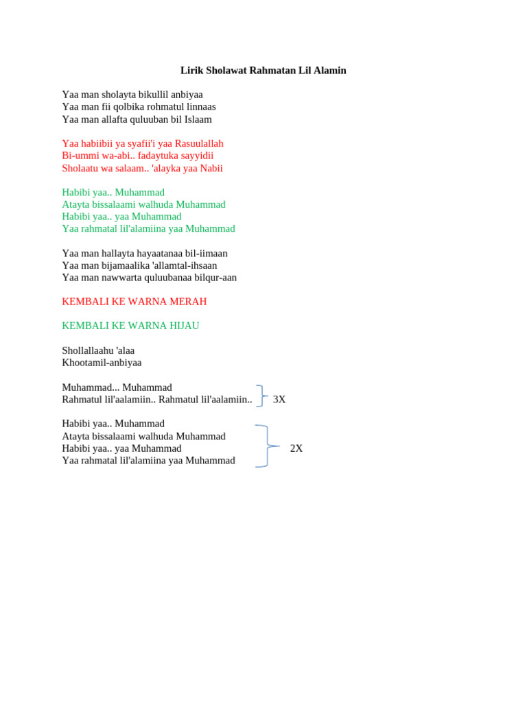 Lirik Sholawat Rahmatan Lil Alamin | PDF