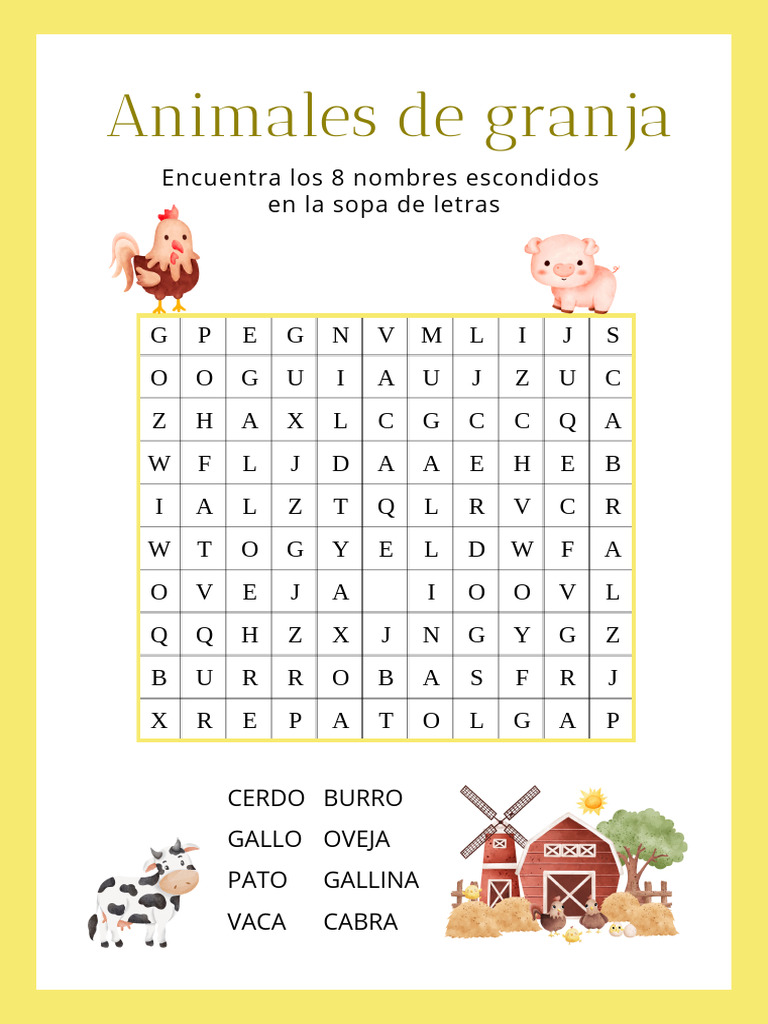 Ficha de Ejercicio Sopa de Letras Animales de Granja | PDF