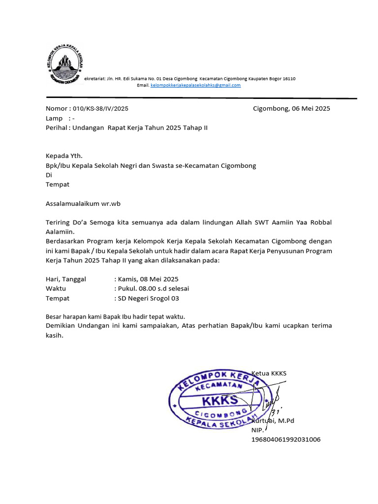 Undangan Rapat Kerja KKKS Cigombong | PDF