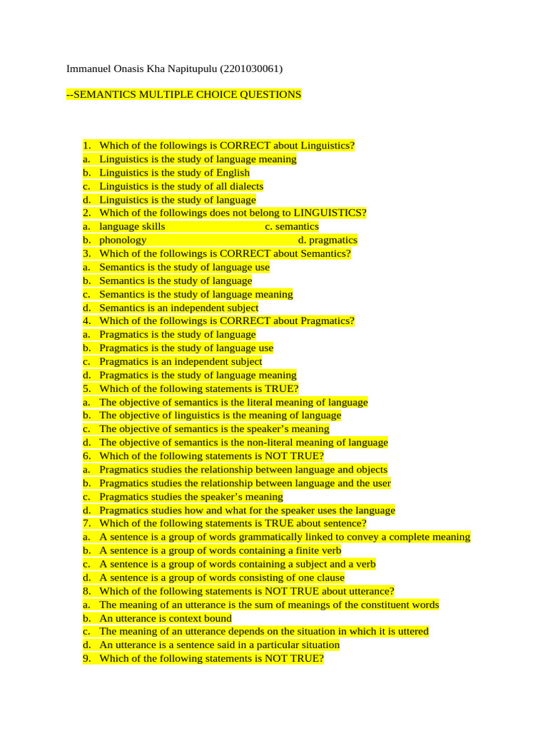 Semantics Multiple Choice Questions | PDF | Semantics | Linguistics