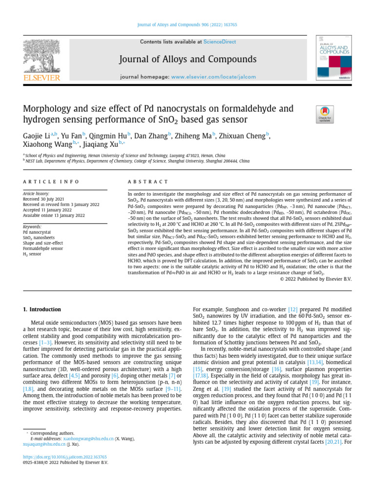 Morphology and Size Effect of PD Nanocrystals On Formaldehyde and ...