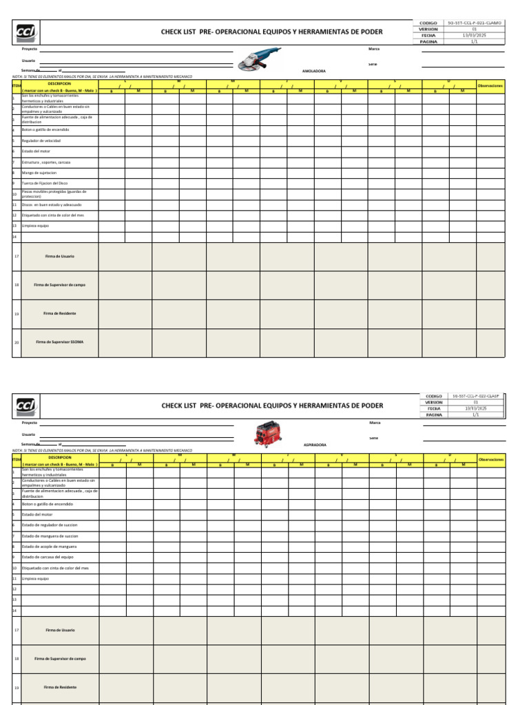 Checklist Pre-Operacional Herramientas | PDF | Bienes manufacturados