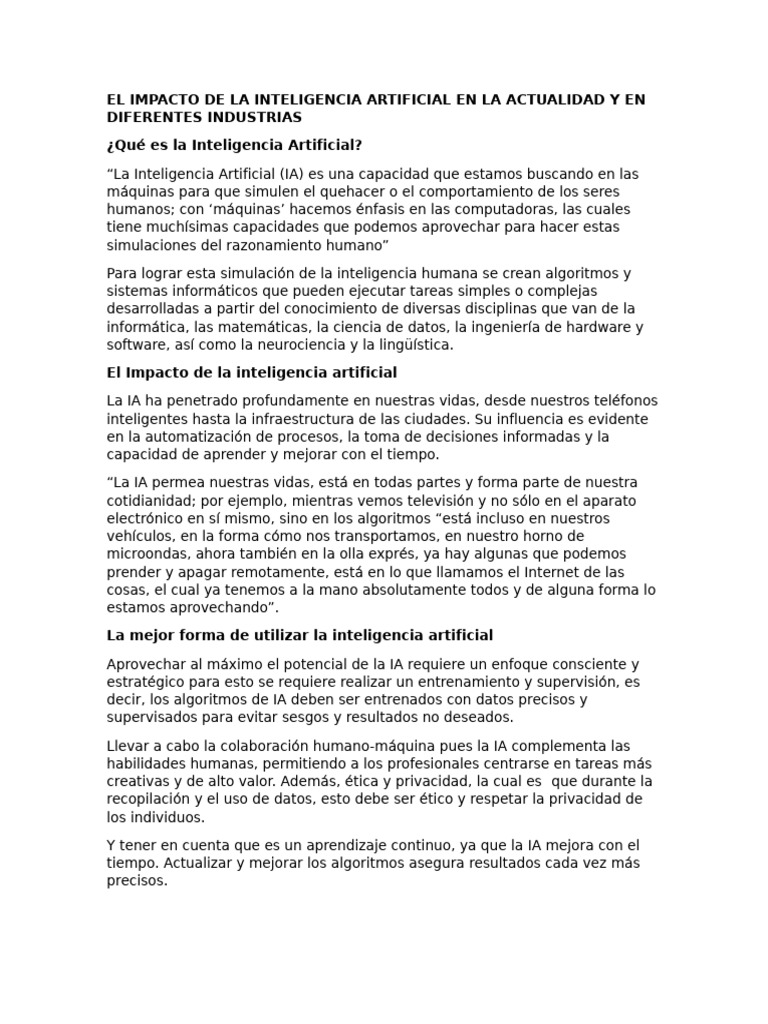 El Impacto de La Inteligencia Artificial en La Actualidad y en ...