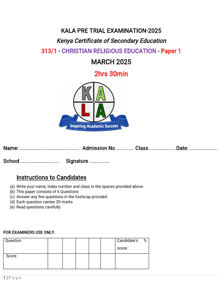 KALA CRE Paper 1 Pre-Trial Exam 2025 | PDF | Covenant (Biblical) | Book ...