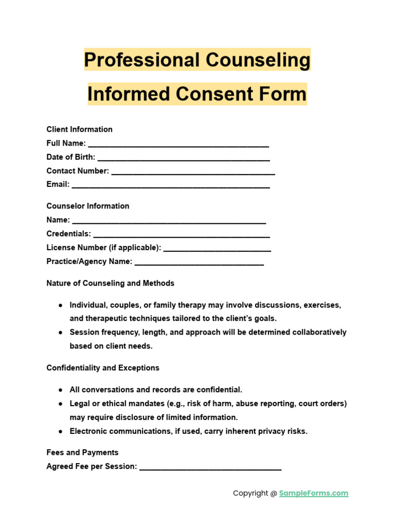 Professional Counseling Consent Form | PDF | Psychotherapy | Informed ...
