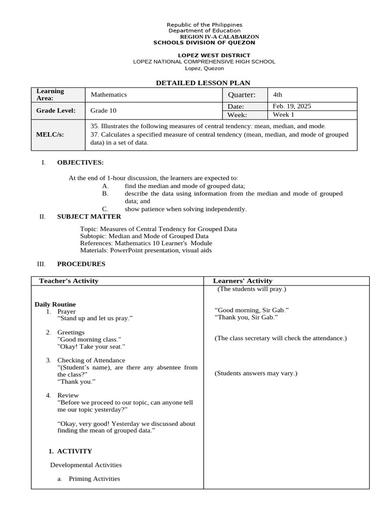 Detailed Lesson Plan | PDF | Median | Lesson Plan