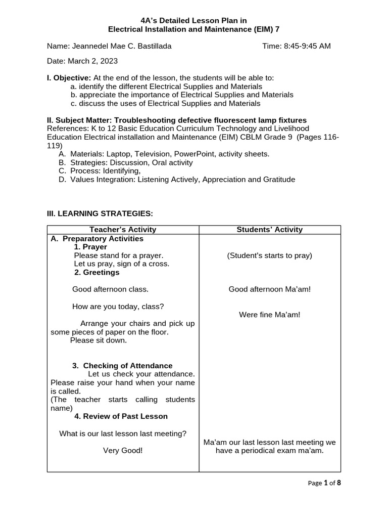 Lesson Plan Grade 9 Trouble Shooting | PDF | Electrical Connector ...