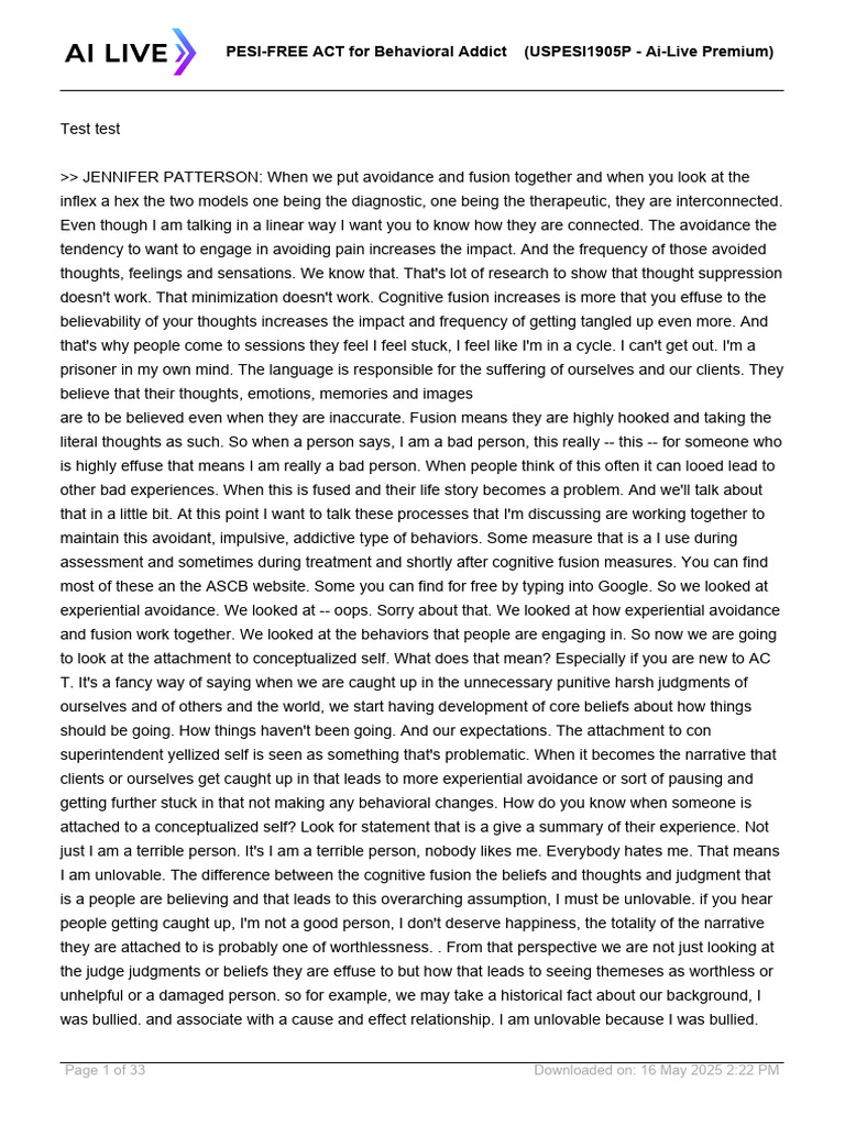 PM Transcript Act Behavioral Addictions | PDF | Thought | Feeling