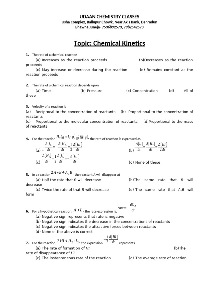 Chemical Kinetics Practice Questions | PDF | Reaction Rate | Chemical ...