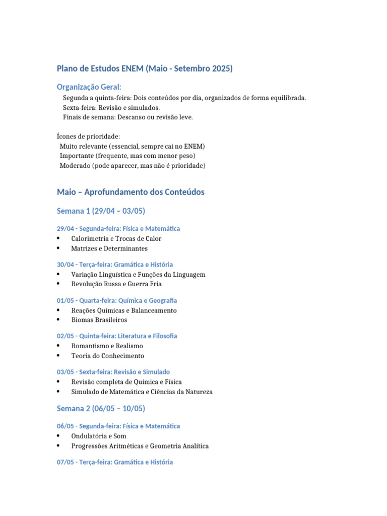 Plano de Estudos ENEM 2025: Maio a Setembro | PDF