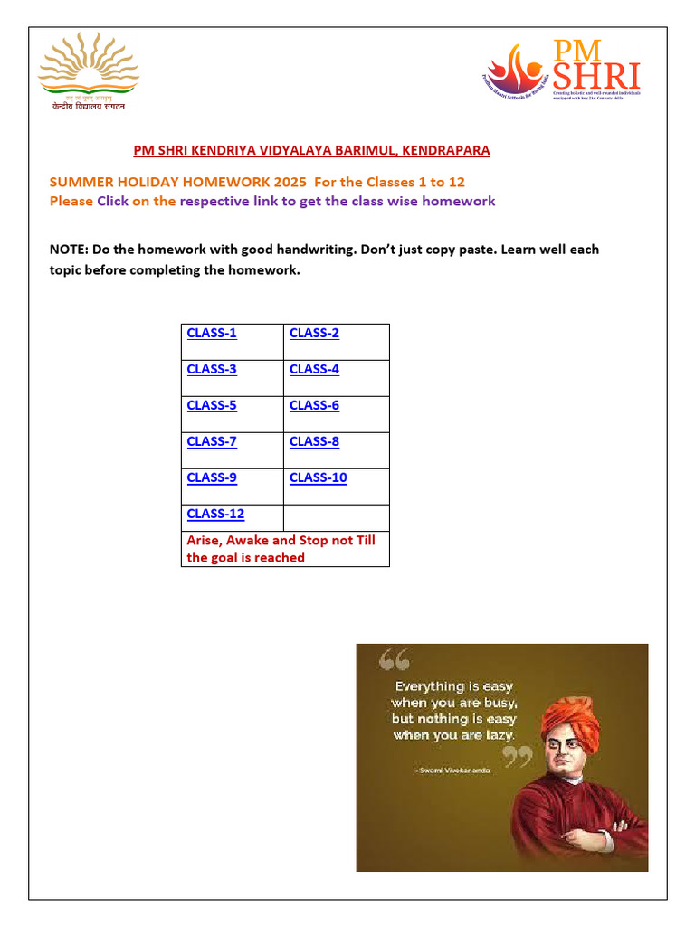 Click Respective Link To Get The Class Wise Homework | PDF