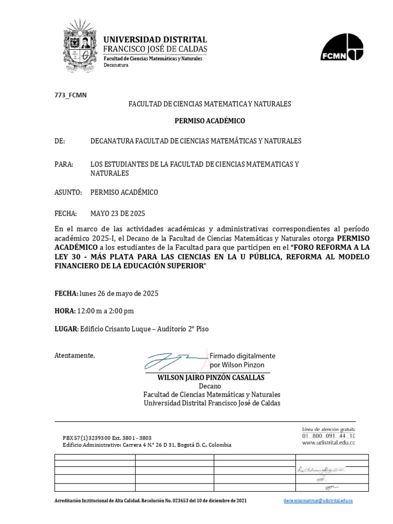773 - FCMN Permiso Académico Estudiantes FCMN | PDF