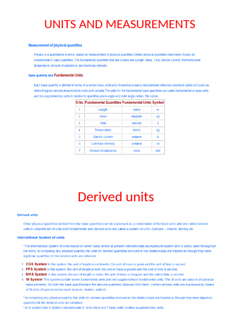 Units and Measurements for Class 11 | PDF