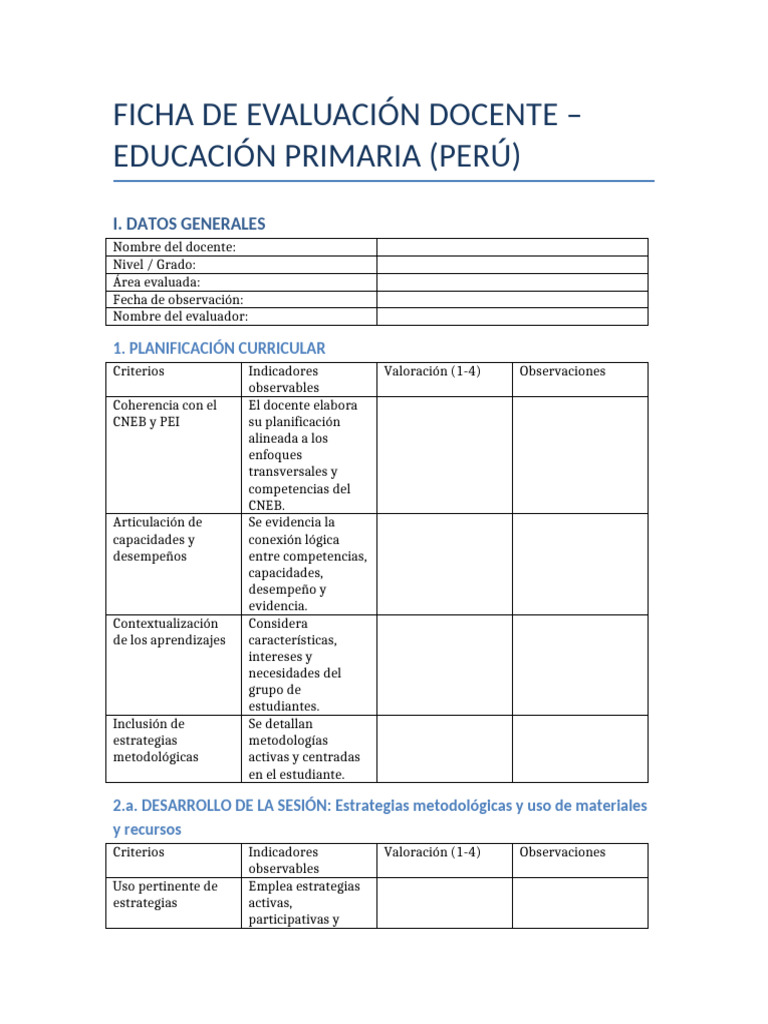Ficha Evaluacion Docente Primaria Peru | PDF | Evaluación | Maestros