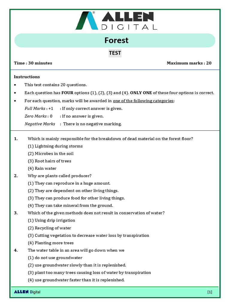 Forest Ecosystem Quiz for Class 7 | PDF | Plants | Food Web