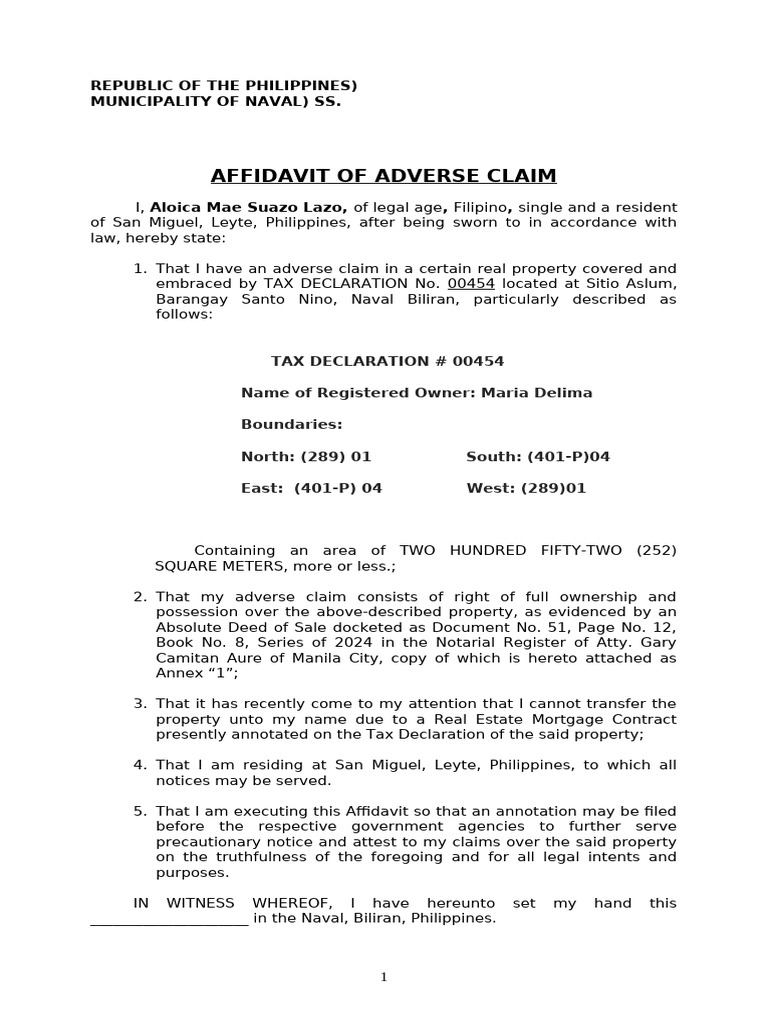 Affidavit of Adverse Claim by Aloica | PDF | Affidavit | Property Law