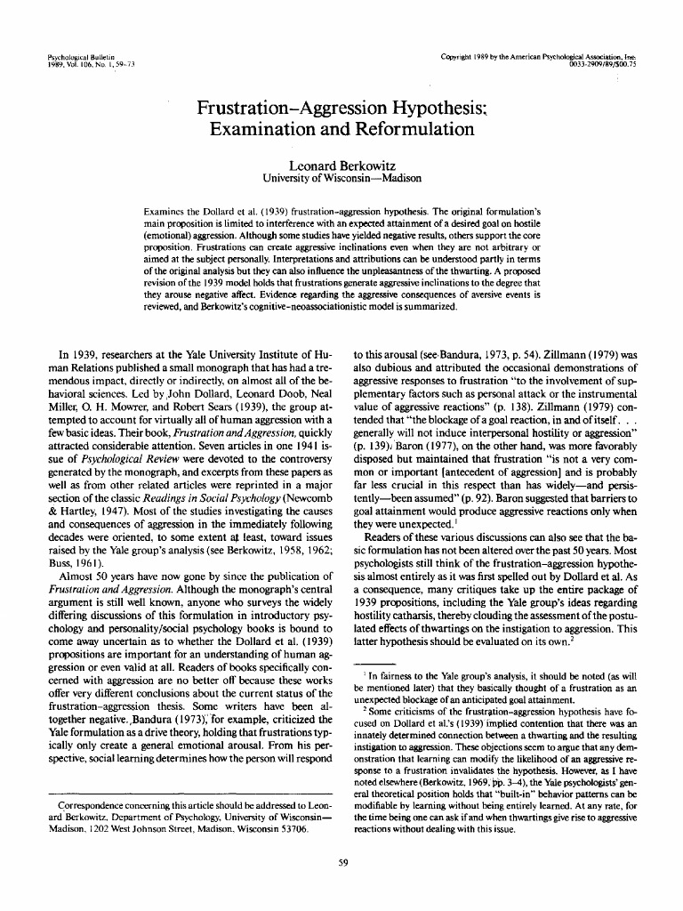 Revisiting the Frustration-Aggression Hypothesis | PDF | Aggression | Anger