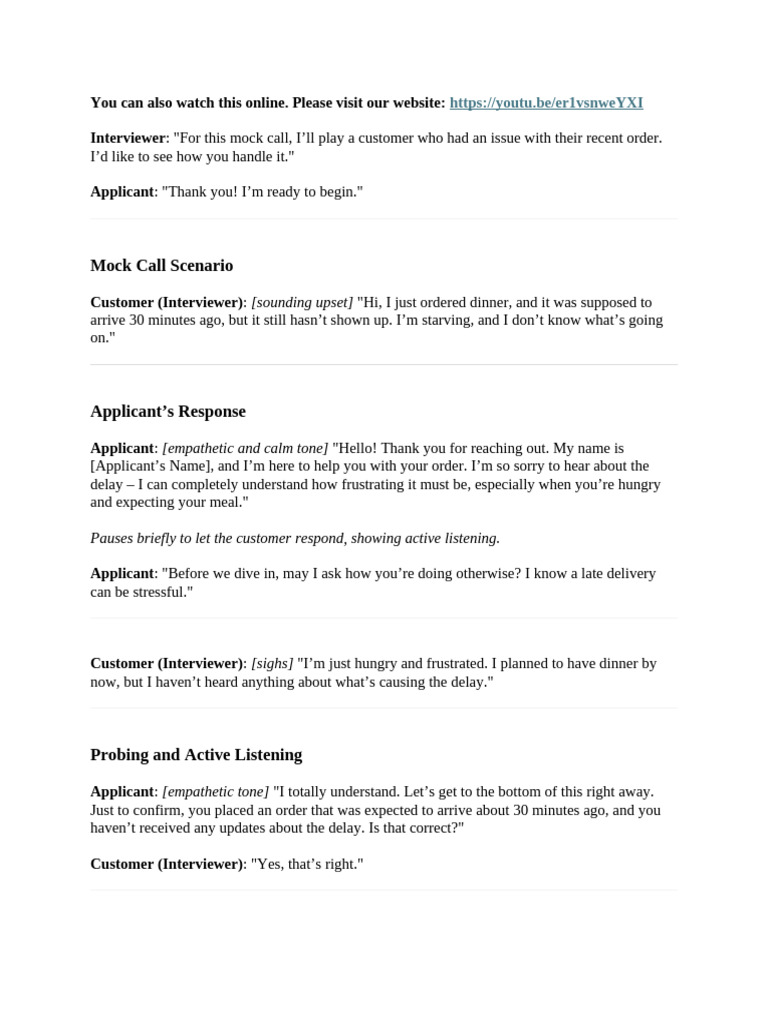 Mock Call Script for Food Delivery Issues | PDF