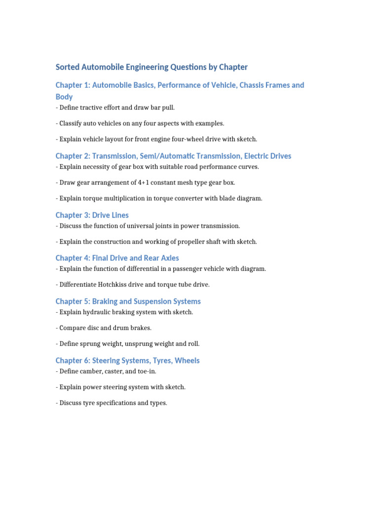 Automobile Engineering Questions by Chapter | PDF