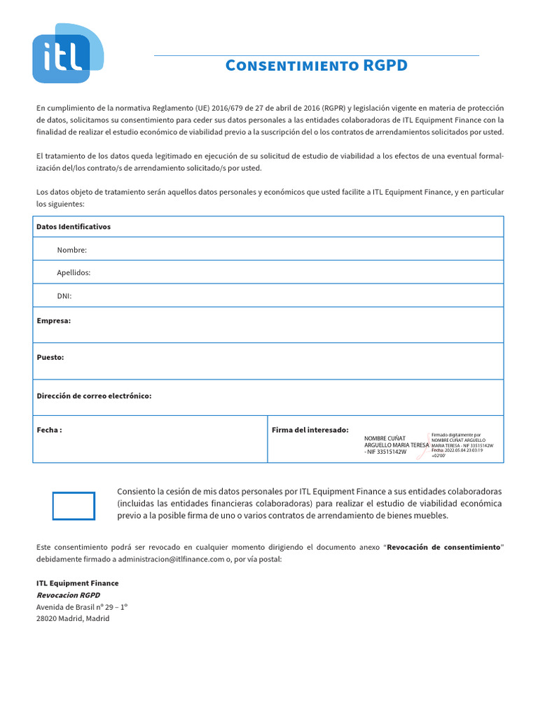 Consentimiento RGPD MAYTE Formulario | PDF