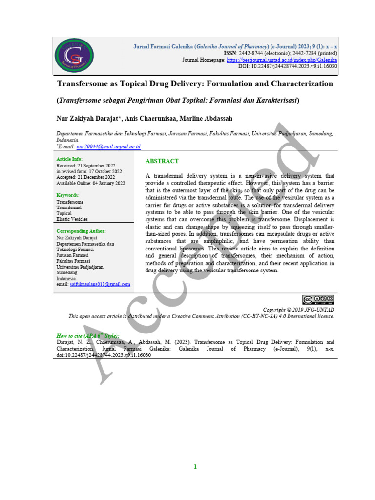 Transfersome As Topical Drug Delivery Fo | PDF | Liposome | Lipid Bilayer